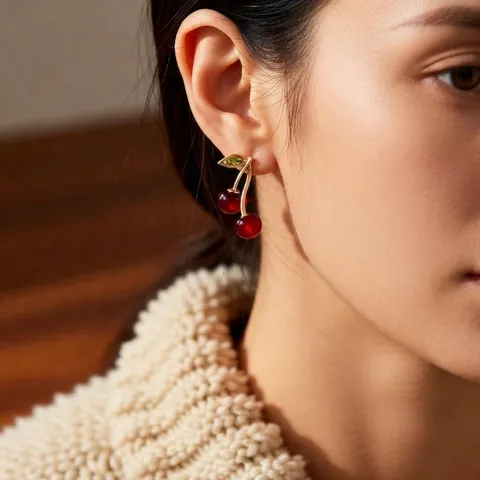 Elegantes Pendientes De Botón Y Colgantes Cereza Manzana Tulipa Flor Cobre Resina Circón Con Poste De Plata Para Mujer Moda