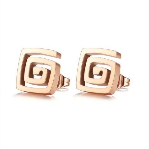 Square Stud Earrings Stainless Steel Geometric Greek Key Spiral Pattern Minimalist Fashion Jewelry For Men Women
