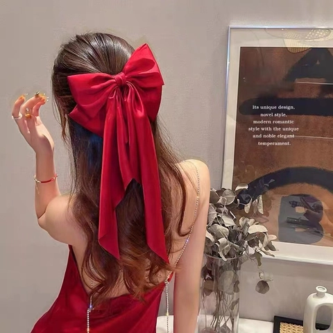 Large Satin Bow Hair Clip With Long Ribbons Elegant Double Layer Streamers Hairpin For Women Solid Color