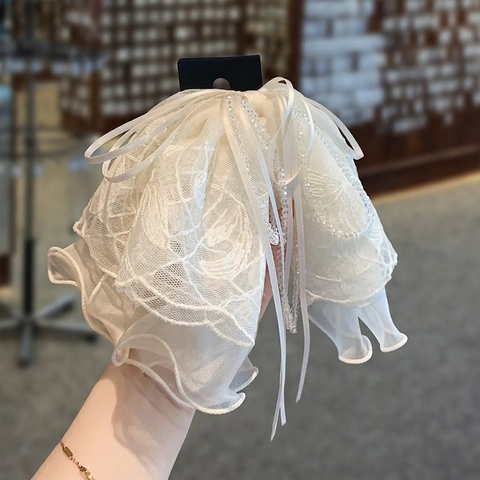Pinza Para El Pelo Con Lazo Grande Encaje Organza Cinta Perla Artificial De Imitación Borla Clip De Tiburón Tocado Romántico Mujer
