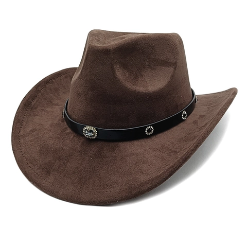 Western Cowboy Hat Suede Texture Wide Curled Brim Ethnic Style Rhinestone Leather Band For Men Women Outdoor