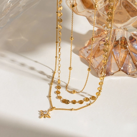 Stainless Steel Layered Necklace Star Pendant Rhinestone Gold Plated Bead Disc Chain For Women Chic