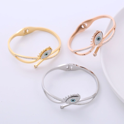 Bracciale Rigido Malocchio Acciaio Inossidabile 304 Strass Intrecciato Apertura A Molla Gioielli Alla Moda