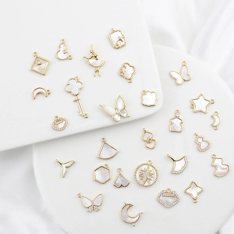 Charms For DIY Jewelry Making 18K Gold Plated Alloy With Mother Of Artificial Pearl And Zircon Butterfly Moon Star Shapes