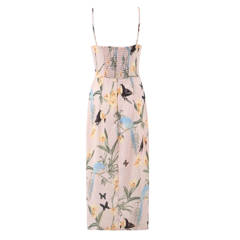 Robe À Bretelles Imprimé Oiseaux Tropicaux Fleurs Femmes Col V Fente Vacances Été Dos Froncé Polyester Rose