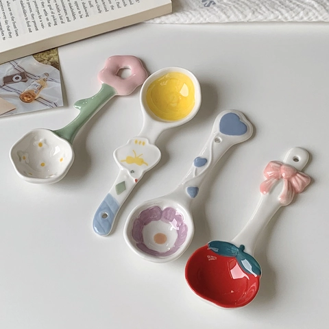 Cute Ceramic Dessert Spoon Long Handle Hand-painted Aesthetic Coffee Spoon For Home Kitchen Yogurt Oatmeal Tableware Gift