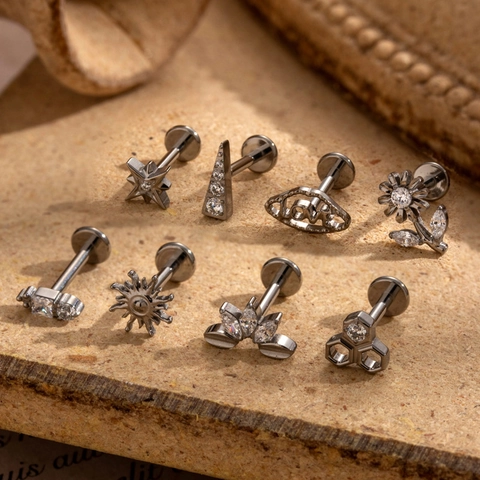 G23 Τιτάνιο Labret Lip Stud Εσωτερικό Σπείρωμα Piercing Χόνδρου Αυτιού Με Ζιργκόν Λουλούδι Αστέρι Κοσμήματα Για Γυναίκες