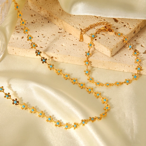 Collier Et Bracelet Fleur Acier Inoxydable Plaqué Or 18K Turquoise Petite Marguerite Bijoux Style Ins Femmes