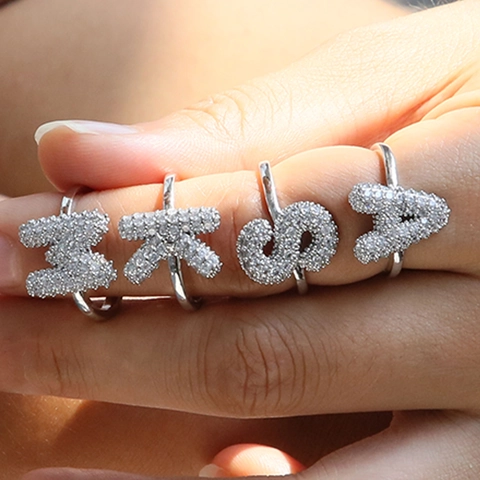 Adjustable Initial Rings For Women Copper Cubic Zirconia Pavé Balloon Bubble Alphabet Fashion Open Ring Jewelry