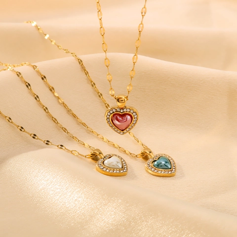 Herz Anhänger Halskette Edelstahl 18K Vergoldet Buntes Emaille Strass Halo Modeschmuck Für Damen