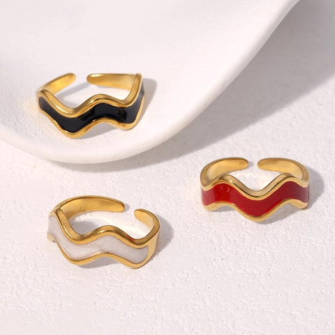 Wellenring Emaille Offen Edelstahl 18K Vergoldet Verstellbar Französischer Vintage Stil Finger Schmuck Damen