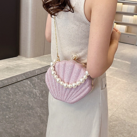 Borsa Da Sera A Forma Di Conchiglia PU Glitterato Con Manico In Künstliche Perle Catena Dorata Borsa A Tracolla Per Donna Matrimonio Festa