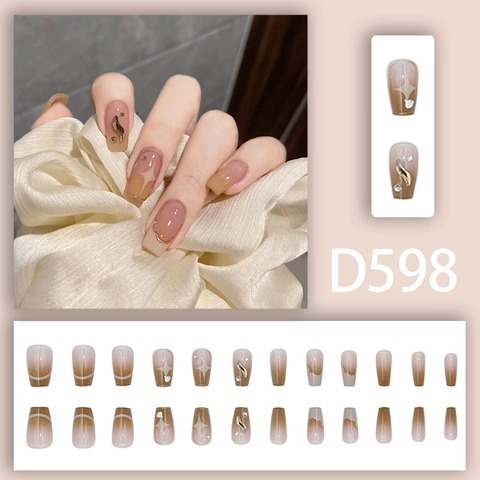 Unghie Finte Lunghe Forma Bara Glitter Stella Stile Francese Strass Nude Marrone Unghie Artificiali Di Lusso