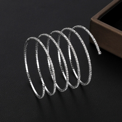 Women Spiral Multi Layer Bracelet Alloy Rhinestone Elastic Coil Wedding Bridal Elegant Fashion Jewelry