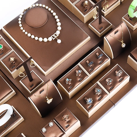 Schmuck Display Requisiten Gebürstetes Leder Halskette Ring Ohrring Armband Countertop Organizer Braun Beige Nähte