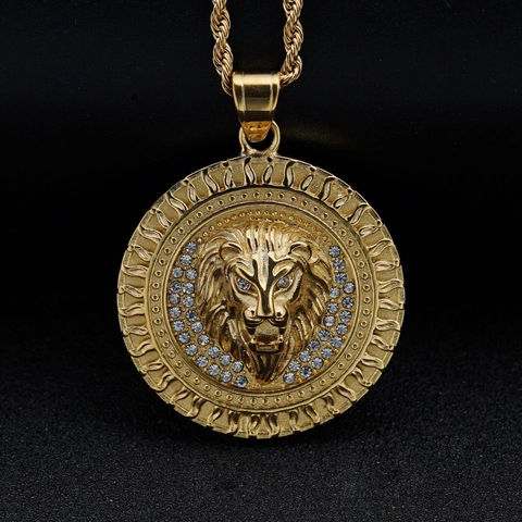 Lion Head Pendant Necklace Stainless Steel Rhinestone Flame Pattern Hip Hop Medallion Fashion Jewelry For Men Women