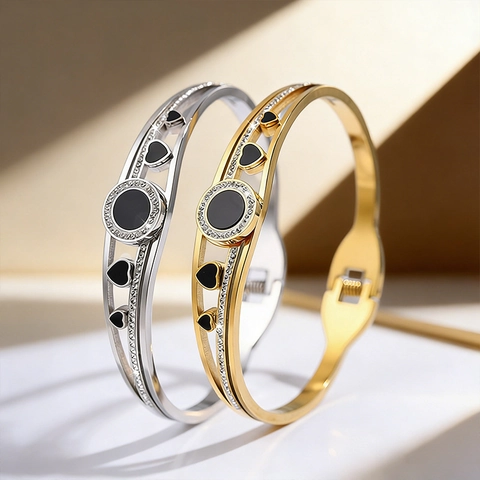 Mode Edelstahl Herz Armreif Für Damen Elegant Emaille Schwarz Inlaid Strass Offen Armband Schmuck Geschenk