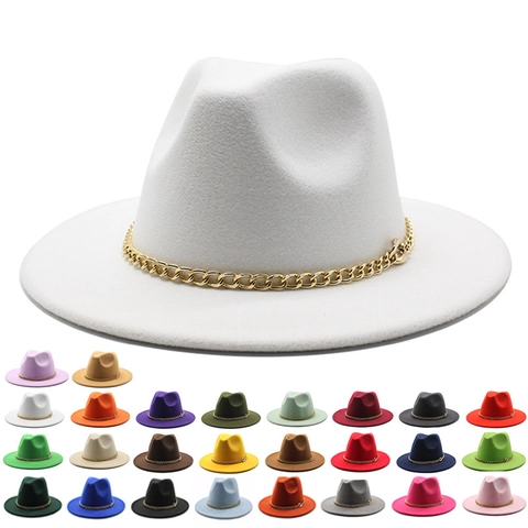 Unisex Vintage British Style Wide Brim Fedora Hat With Gold Metal Chain Decoration Polyester Felt Jazz Hat For Party Daily Travel