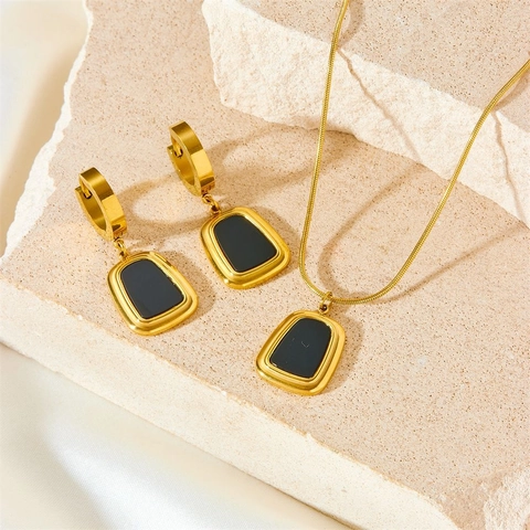 Necklace And Hoop Earrings Stainless Steel Gold Plated Shell Inlay Geometric Trapezoid Minimalist Fashion Jewelry For Women