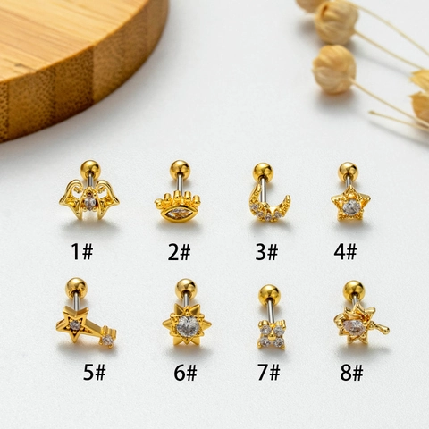 Stainless Steel Stud Earrings Star Moon Cubic Zirconia Piercing Jewelry Cartilage Ear Bone Screw Ball Back For Women