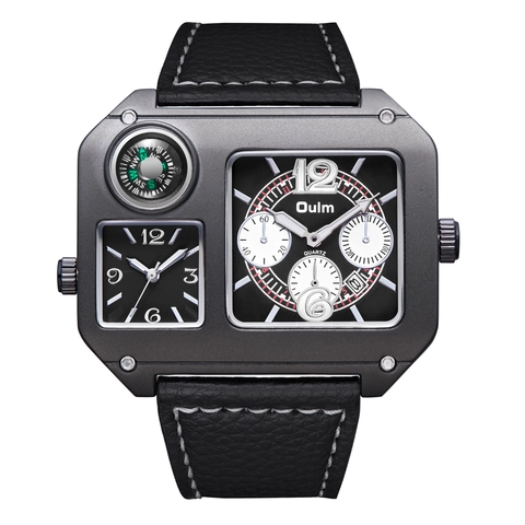 Men Quartz Watch Large Rectangular Alloy Case Dual Time Zones Decorative Compass Leather Strap Fashion Sporty Industrial