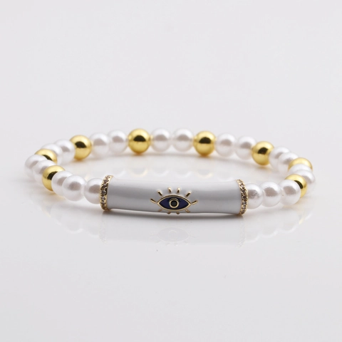 Evil Eye Beaded Bracelet With Copper Beads Imitation Artificial Pearl Enamel Tube Zircon Bohemian Fashion Charm Jewelry For Women