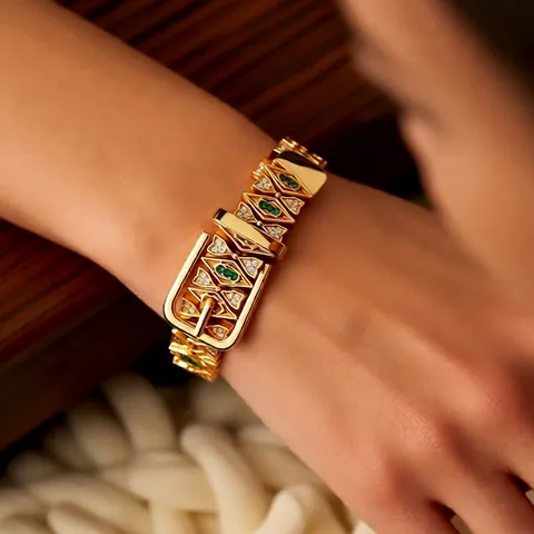 Bracciale Con Fibbia Per Cintura In Rame Placcato Oro Con Zircone Verde Bianco Gioielli Geometrici Cavi Per Donna Lusso Vintage