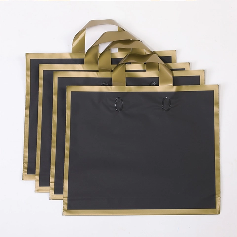 Frosted Gold Border Plastic Shopping Gift Bags Portable Clothing Store Packaging Bottom Fold Handheld Tote