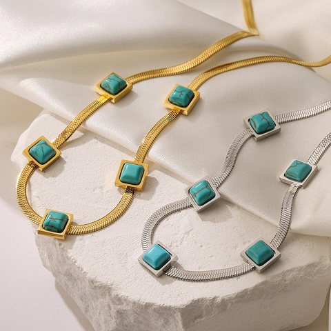Necklace Titanium Steel Snake Bone Chain With Square Turquoise Inlay Vintage Bohemian Style Jewelry For Women