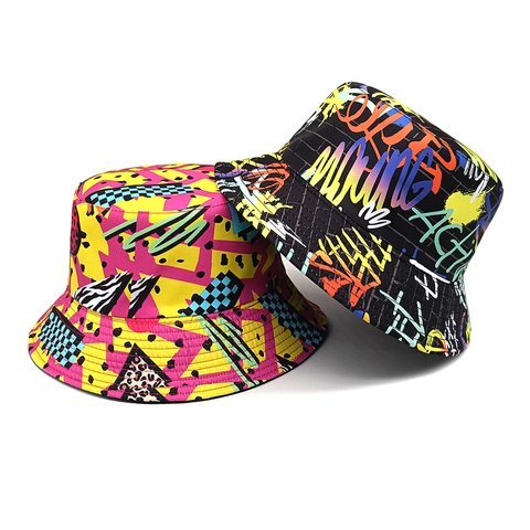 Chapeau Bob Imprimé Graffiti Polyester Motif Géométrique Protection Solaire Streetwear Rétro Pour Hommes Femmes