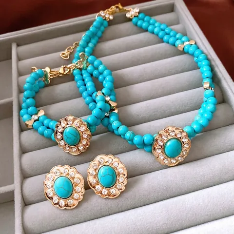 Gioielli Vintage Collana Bracciale Orecchini Con Perla Artificial Sintetica Turchese Occhio Di Tigre Strass Lega Motivo Floreale Elegante Per Donne