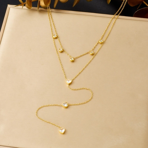 Dubbellaagse Ketting Met Hart Hanger Verguld Roestvrij Staal Zirkonia Y Vormige Fijne Ketting Mode Sieraden Voor Dames