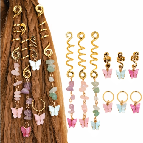 Butterfly Braid Jewelry Gold Spiral Hair Clips And Rings With Resin Pendants Colorful Crystal Stone Ethnic Retro Style For Women
