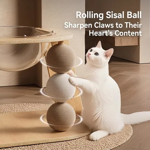 Solid Wood Cat Tree With Acrylic Space Capsule Sisal Scratching Posts And Plush Perch Activity Center For Indoor Cats
