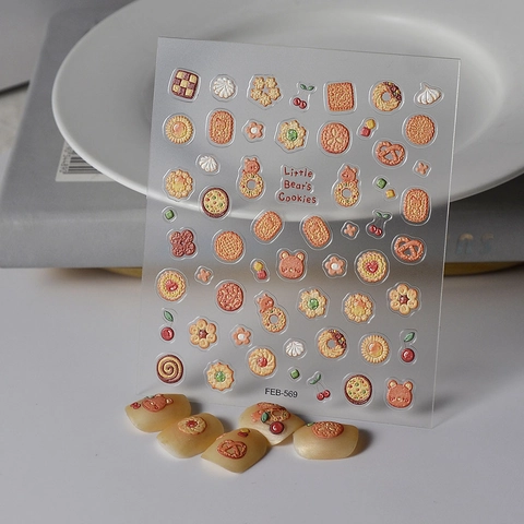 Autocollants Ongles Relief 3D Little Bear Cookies Simulation Nourriture Gaufre Cerise Dessin Animé Mignon Décalcomanies 5D