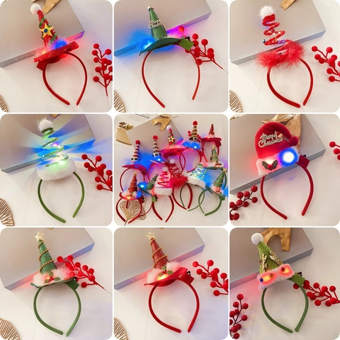 Cerchietti Natalizi Con Luci LED Corna Di Renna Mini Cappello Babbo Natale Albero Con Paillettes Accessori Capelli Festa