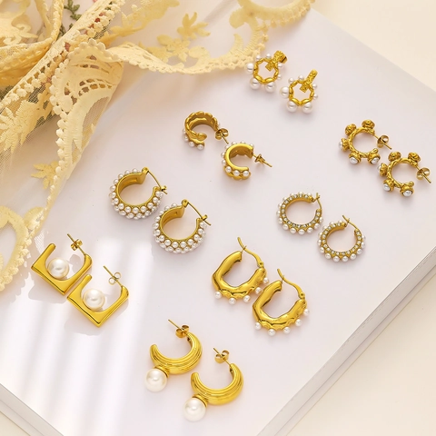 Vintage Titanium Steel Geometric Pearl Zirconia Earrings French Luxury Gold Plated Hoop Earrings For Women Fashion Jewelry