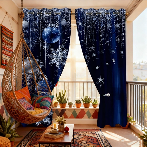 Christmas Shower Curtains Velvet Polyester Blackout Snowflakes Stars Prints Grommet Top Eyelet Window Decor Home