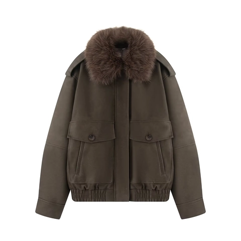 Women's Vintage Faux Fur Collar Faux Suede Bomber Jacket Loose Fit Warm Winter Casual Zip Up Biker Coat With Pockets