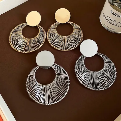 Geometric Round Hoop Earrings With 925 Sterling Silver Earring Post Iron Wire Wrap Hollow Design For Women