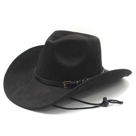 Western Cowboy Hat Suede Polyester Large Brim Vintage Jazz Fedora With Adjustable Chin Strap And Decorative Belt For Outdoor Travel