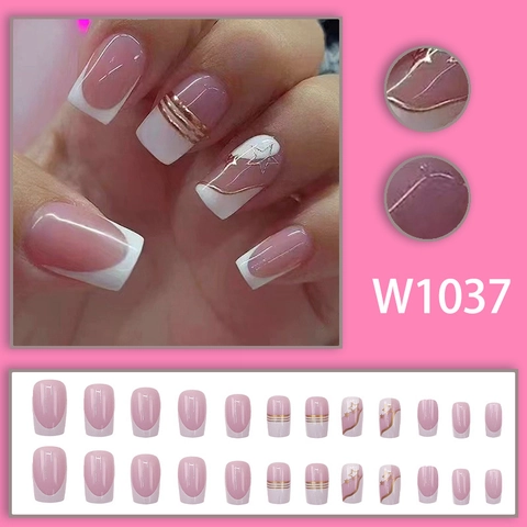 Franse Press On Nails Witte Tip Metallic Ster Lijn Roze Vierkant Rond Kunstnagels Voor Dames