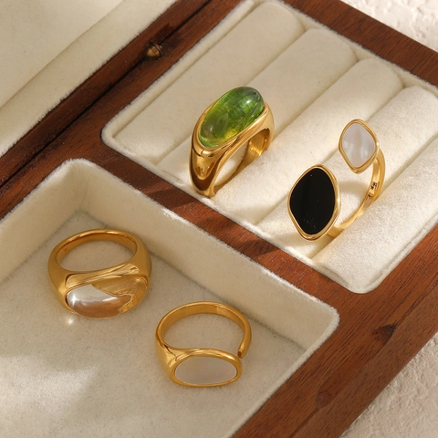 Anillo Vintage Ovalado De Resina Piedra Artificial Acero Inoxidable 304 Chapado En Oro Joyería Dedo Mujer