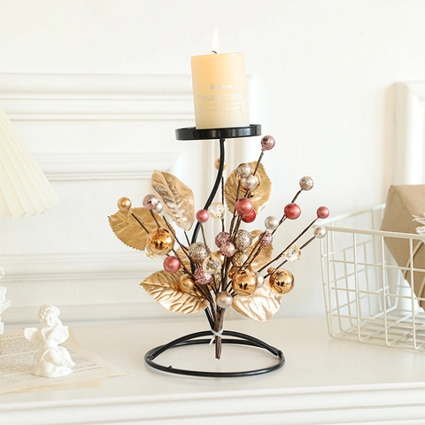 Christmas Candle Holder Iron Metal Golden Leaf Colorful Berries Desktop Ornament Festive Modern Pillar Candlestick Home Decor