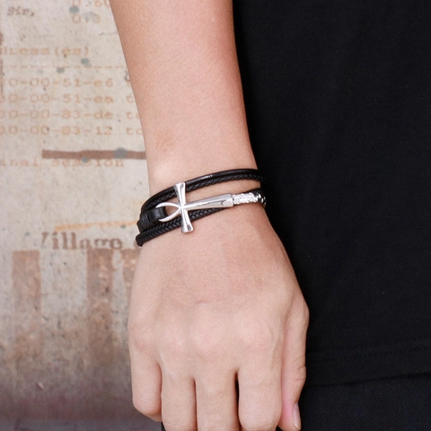 Herren Mehrlagiges Geflochtenes Lederarmband Edelstahl Ägyptisches Ankh Kreuz Vintage Schmuck Magnetverschluss