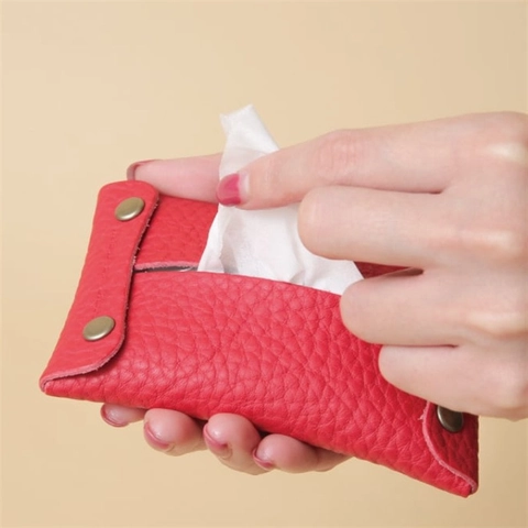 Mini Portable Tissue Pouch Leather Litchi Grain Pocket Paper Towel Storage Bag Metal Snaps For Travel Sanitary Napkin