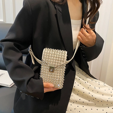 Mini Crossbody Phone Bag PU Leather Full Rhinestone Vertical Square Metal Lock Adjustable Strap Fashion Women Accessory