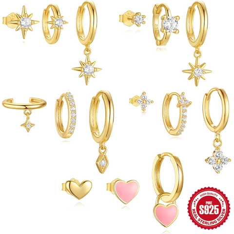925 Sterling Silver Earrings Zircon Star Heart Flower Geometric Dangle Hoop Stud Earrings For Women Girls Gold Pink Elegant
