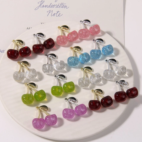 Hars Kers Bedeltjes Met Glitter Metalen Steel Voor DIY Sieraden Maken Zoete Fruit Hangers Voor Oorbellen
