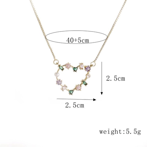 Collar Con Colgante De Corazón Cobre Chapado En Oro Circón Colorido Perla Artificial De Imitación Joyería Elegante